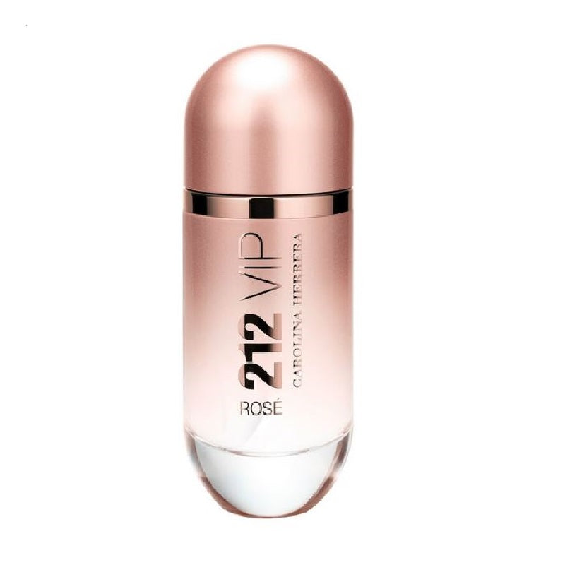 Bottle of 212 VIP Rose women's eau de parfum by Carolina Herrera with a pink and white color scheme.