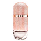 Rose gold perfume bottle with clear base on white background