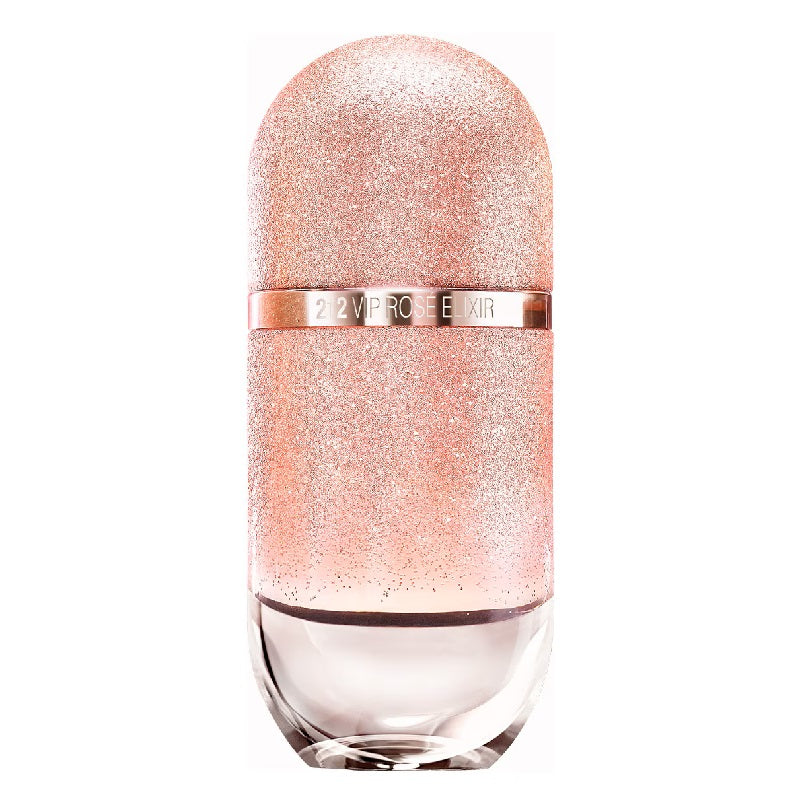 Rose gold perfume bottle with clear base on white background