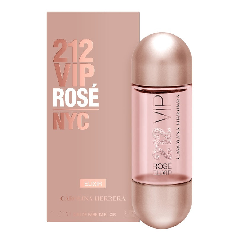 Carolina Herrera 212 VIP Rosé NYC Elixir perfume bottle and packaging on a white background
