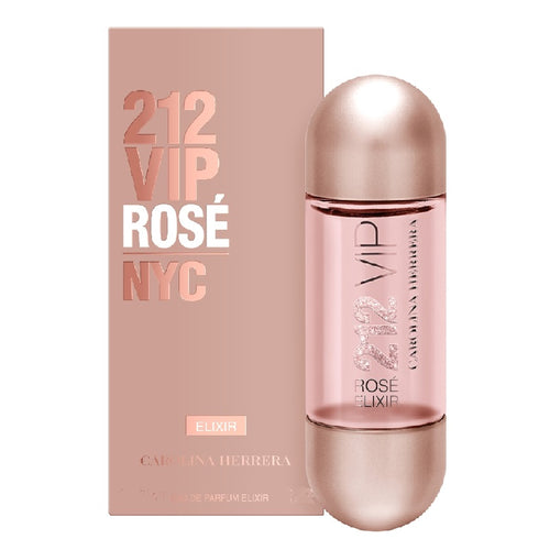 Carolina Herrera 212 VIP Rosé NYC Elixir perfume bottle and packaging on a white background