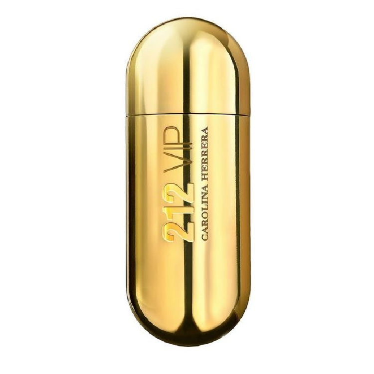 A gold-colored, cylindrical bottle of 212 VIP Women Eau de Parfum by Carolina Herrera.