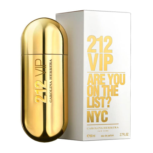 A product image featuring a gold-colored bottle of 212 VIP Women's Eau de Parfum by Carolina Herrera, alongside its packaging with the text '212 VIP ARE YOU ON THE LIST? NYC'.