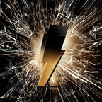 Black and gold product with sparks and shattered glass on a dark background