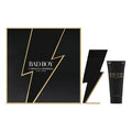 Gift set of Bad Boy by Carolina Herrera, including a 100ml Eau de Toilette spray bottle and a 100ml scented shower gel, packaged in a black box with gold accents.