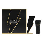 Gift set of Bad Boy by Carolina Herrera, including a 100ml Eau de Toilette spray bottle and a 100ml scented shower gel, packaged in a black box with gold accents.
