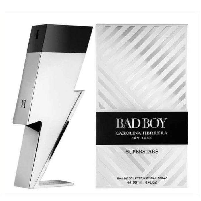 The product image shows a bottle of 'Bad Boy Superstars' Eau de Toilette by Carolina Herrera. The bottle is designed with a mirror-finish chrome exterior and branding details.