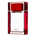 A bottle of Chic Women Eau de Parfum by Carolina Herrera, with a red cap and clear to red gradient bottle showcasing the perfume.