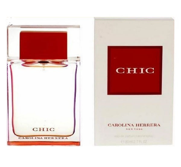 A product image featuring a bottle of 'Chic Women' Eau de Parfum by Carolina Herrera, with a red cap on a turntable. The perfume bottle is clear with a white label and red accents, accompanied by its packaging box.