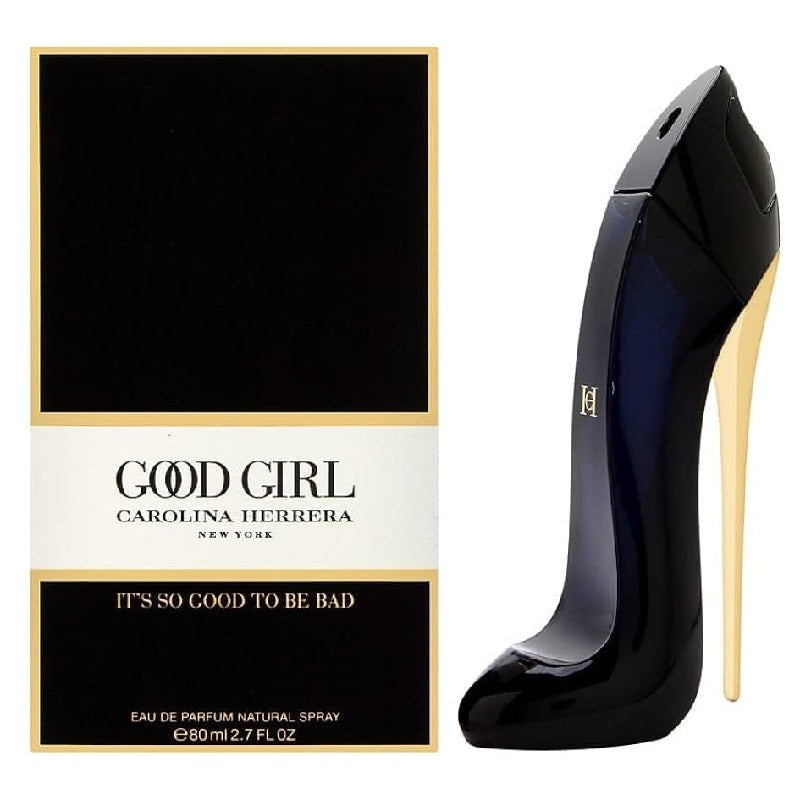Packaging and bottle of Good Girl Eau de Parfum by Carolina Herrera. The packaging is predominantly black with gold accents and white text.