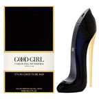 Packaging and bottle of Good Girl Eau de Parfum by Carolina Herrera. The packaging is predominantly black with gold accents and white text.