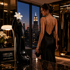 A woman in a black satin backless gown stands beside a large black high-heeled shoe-shaped bottle labeled 'God Girl' on a glossy marble surface, with a city skyline visible through the window behind them.