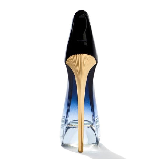 High-heeled shoe with black and gold design on a white background