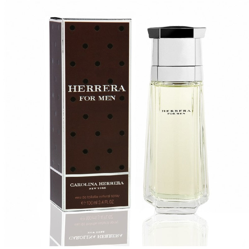 A bottle of Herrera for Men Eau De Toilette by Carolina Herrera next to its packaging box.