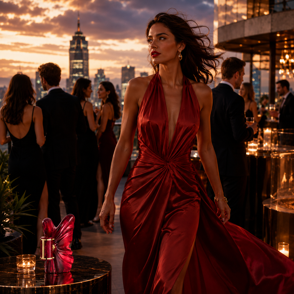 A woman in a deep red satin halter gown with a deep plunging neckline and a gathered waist, walking on a rooftop bar at sunset with a city skyline in the background.