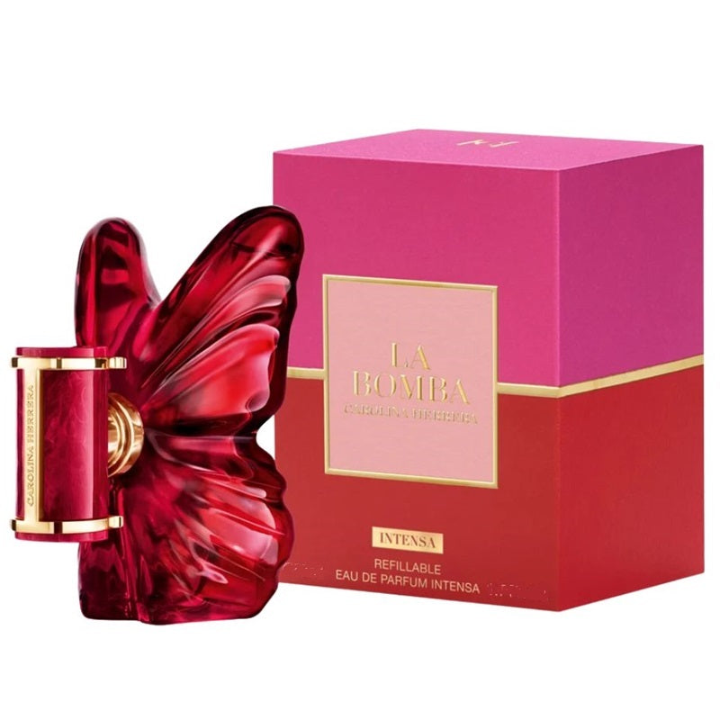 La Bombina Intensa refillable perfume bottle and its packaging box. The bottle is a translucent red butterfly shape with gold accents, positioned next to a pink and red box with gold lettering.