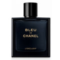 Chanel Bleu de Chanel L'Exclusif perfume bottle in a dark navy blue glass with gold lettering and a black cap, set against a plain white background.
