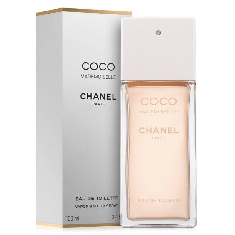 Chanel Coco Mademoiselle perfume bottle and packaging on a white background