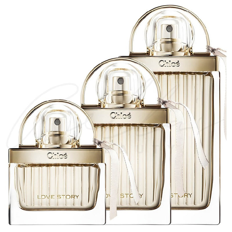 Chloe perfume bottles with 'Love Story' text on a white background