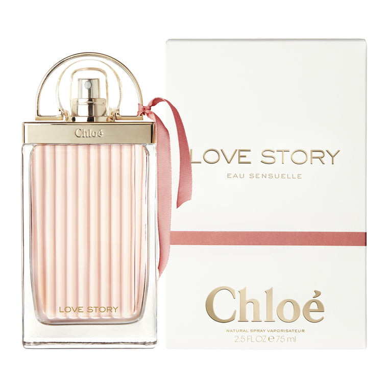 Chloe Love Story Sensuelle Eau De Parfum bottle with packaging, predominantly pink and white colors.