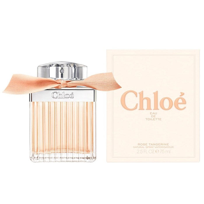 A bottle of Chloé Rose Tangerine Eau de Toilette with the brand name and product name visible, alongside its packaging box.