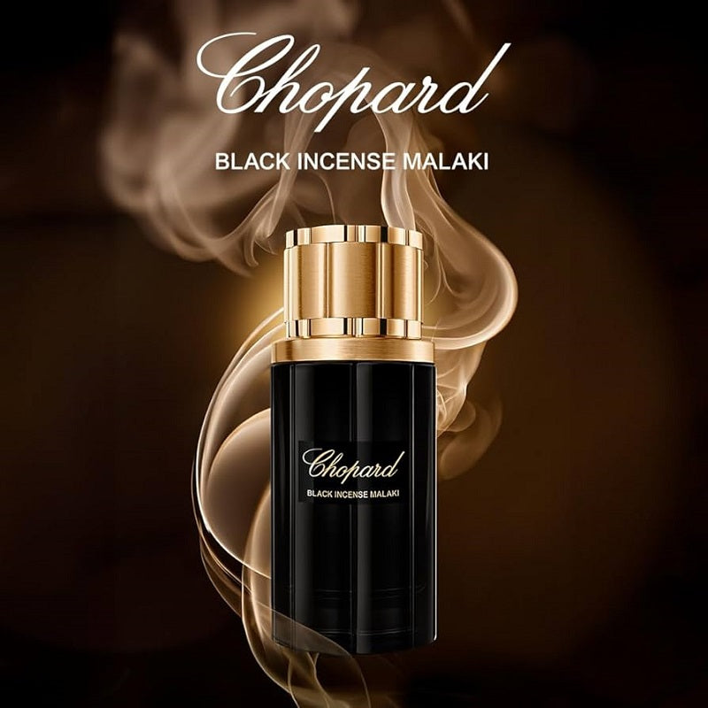 Chopard Black Incense Malaki perfume bottle with smoke effect on a dark background