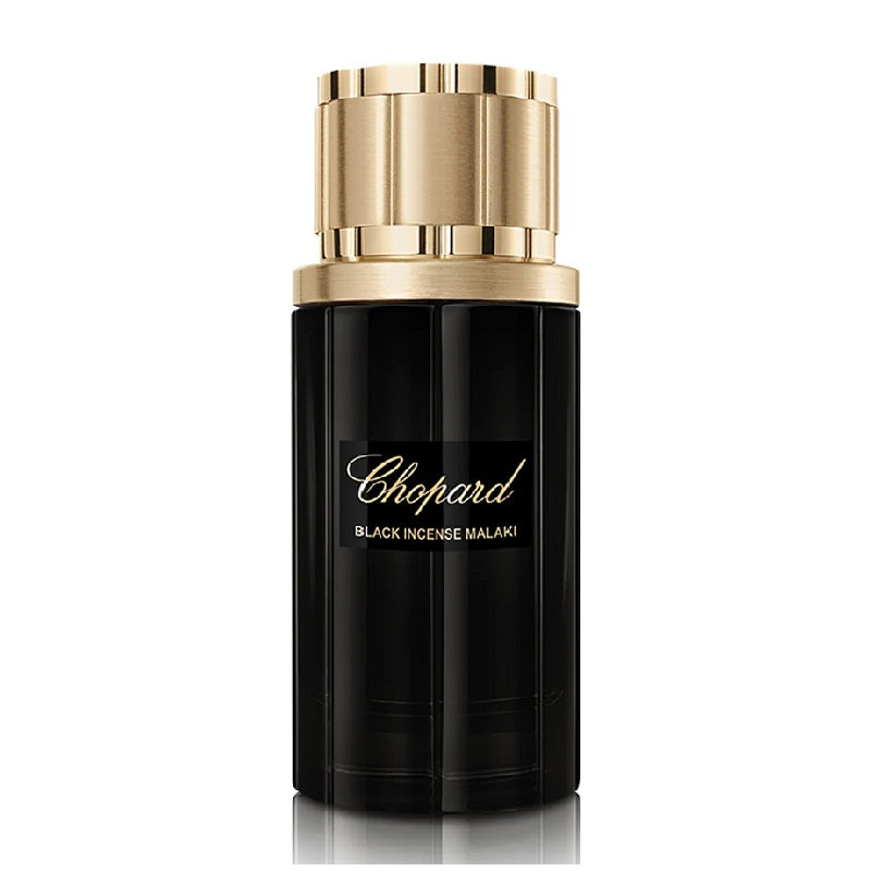 Chopard Black Incense Malaki perfume bottle with gold cap on a white background