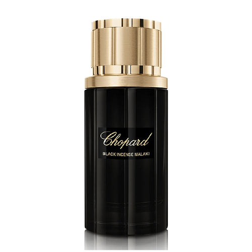 Chopard Black Incense Malaki perfume bottle with gold cap on a white background