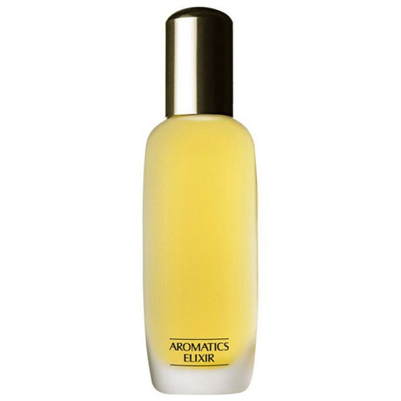 A bottle of Clinique Aromatics Elixir Eau de Parfum with a yellow hue and a metallic cap.