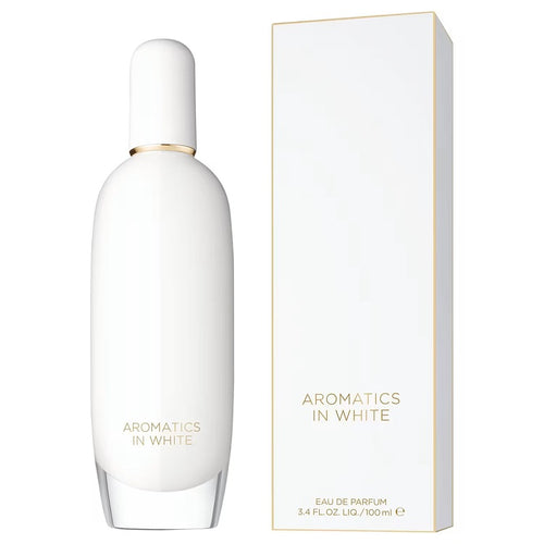 Perfume bottle and packaging of 'Aromatics in White' on a white background