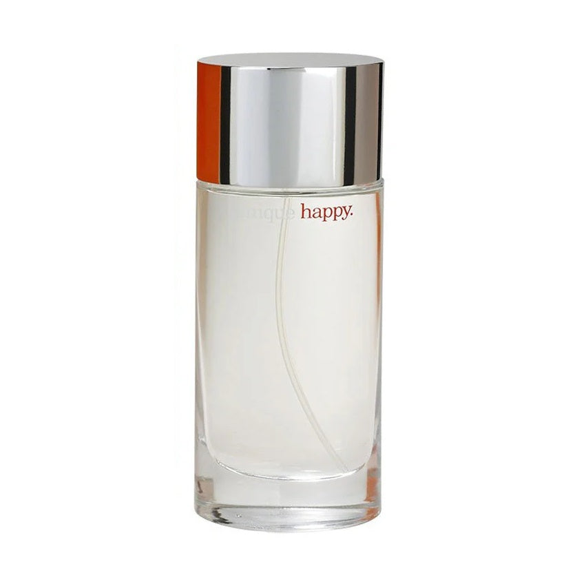 Perfume bottle labeled 'happy' with a silver cap on a white background