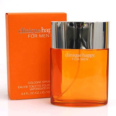 Clinique Happy cologne for men in a transparent orange bottle with a silver cap, alongside its packaging box.