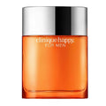 A bottle of Clinique Happy Parfum Men Eau de Cologne for men, with a clear orange liquid visible and labeled with the product name and brand.