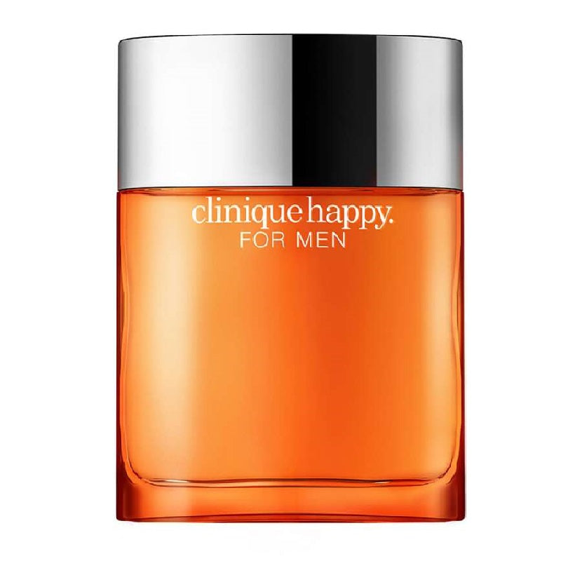 A bottle of Clinique Happy Parfum Men Eau de Cologne for men, with a clear orange liquid visible and labeled with the product name and brand.