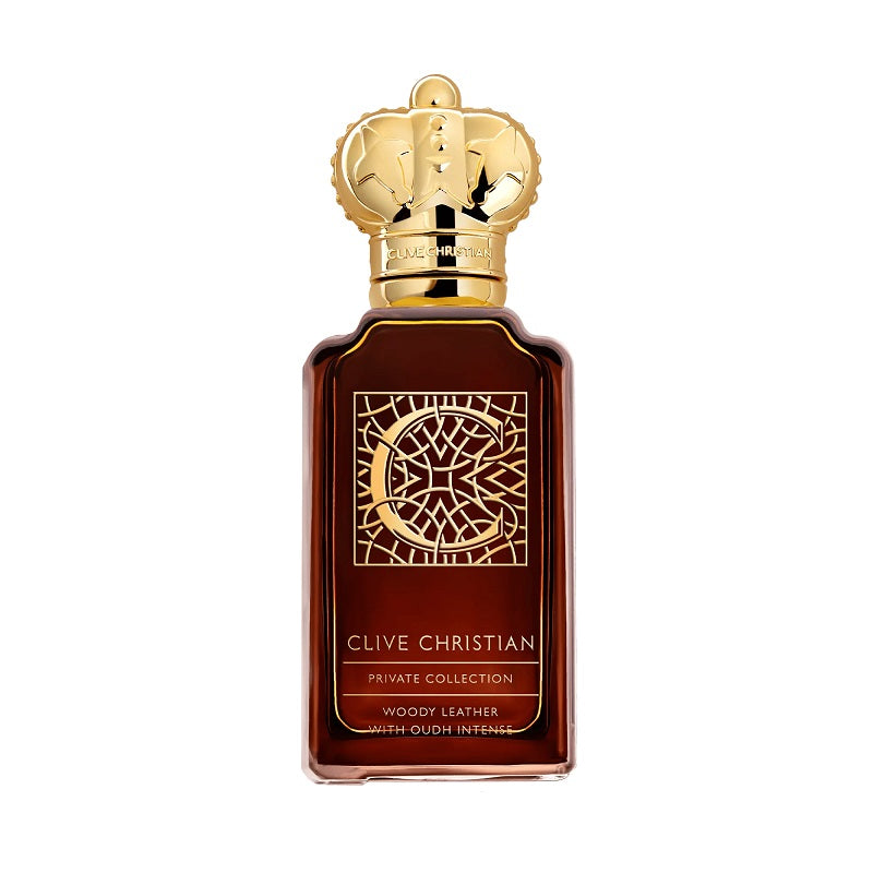 A bottle of Clive Christian C Woody Leather Eau de Parfum with a gold cap and label detailing the fragrance notes and intensity.