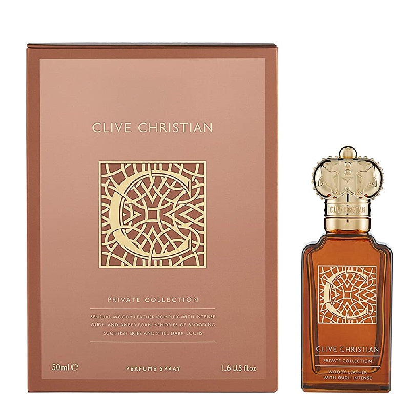 Box and Bottle Image: C Woody Leather 50 ml Parfum by Clive Christian – elegant black-and-gold packaging reflecting heritage, strength, and British craftsmanship.