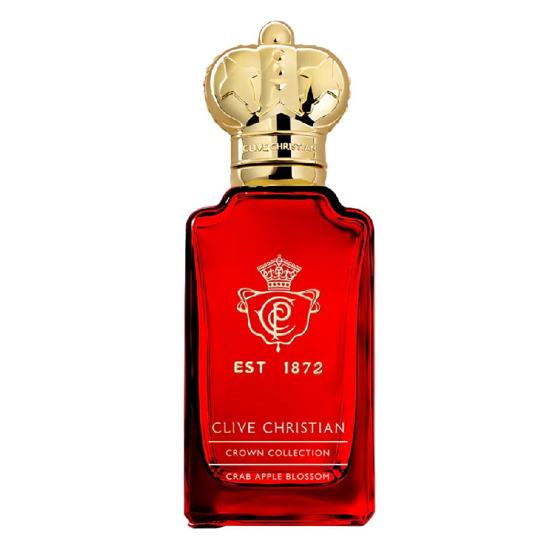 Red Clive Christian perfume bottle with gold cap on a white background