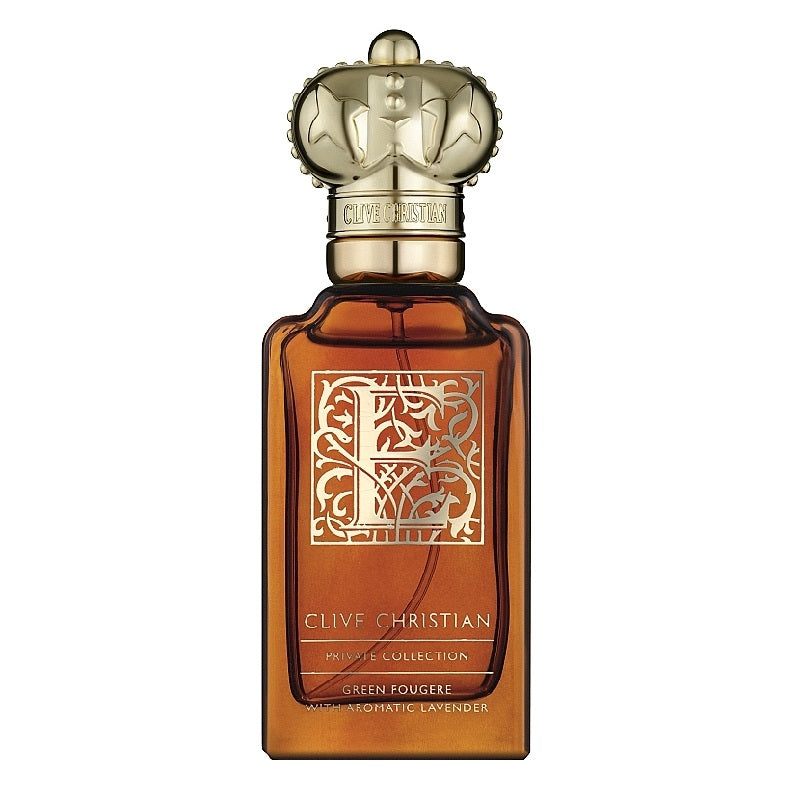A bottle of Clive Christian E Gourmande Oriental Eau de Parfum with a brown tint and decorative design on the label.