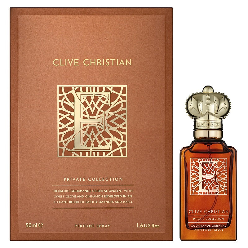 Box and Bottle Image: E Gourmand Oriental with Sweet Clove 50 ml Parfum by Clive Christian – luxurious black-and-gold presentation reflecting heritage, richness, and refinement.