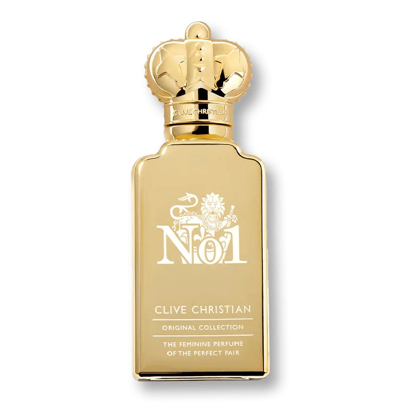 Gold Clive Christian perfume bottle with crown on a white background