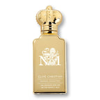 Gold Clive Christian perfume bottle with crown on a white background
