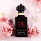 Clive Christian VII Queen Anne perfume bottle with pink flowers and decorative elements on a light pink background