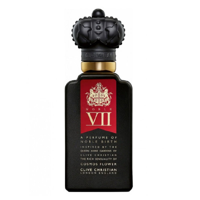 Black Clive Christian perfume bottle with red label on a white background