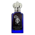 Blue Clive Christian perfume bottle with silver cap on a white background