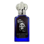 Blue Clive Christian perfume bottle with silver cap on a white background