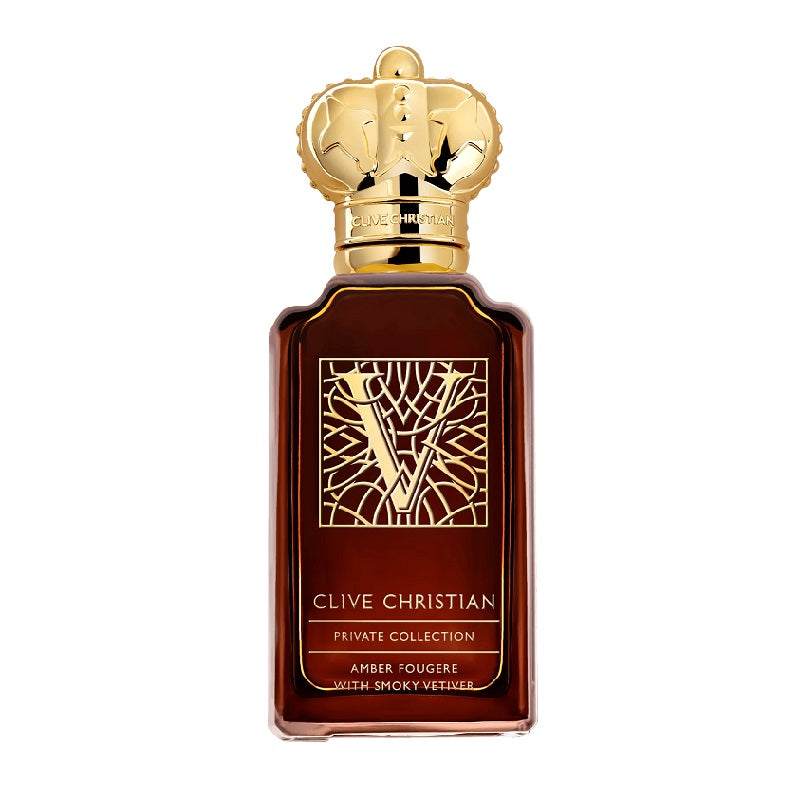 A bottle of Clive Christian V Amber Fougere Eau de Parfum with a dark label and a gold cap.
