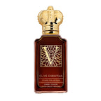 A bottle of Clive Christian V Amber Fougere Eau de Parfum with a dark label and a gold cap.