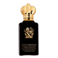 Clive Christian perfume bottle with gold cap and black base on a white background