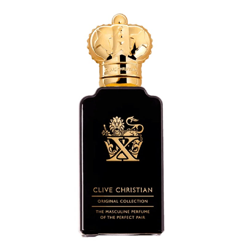 Clive Christian perfume bottle with gold cap and black base on a white background