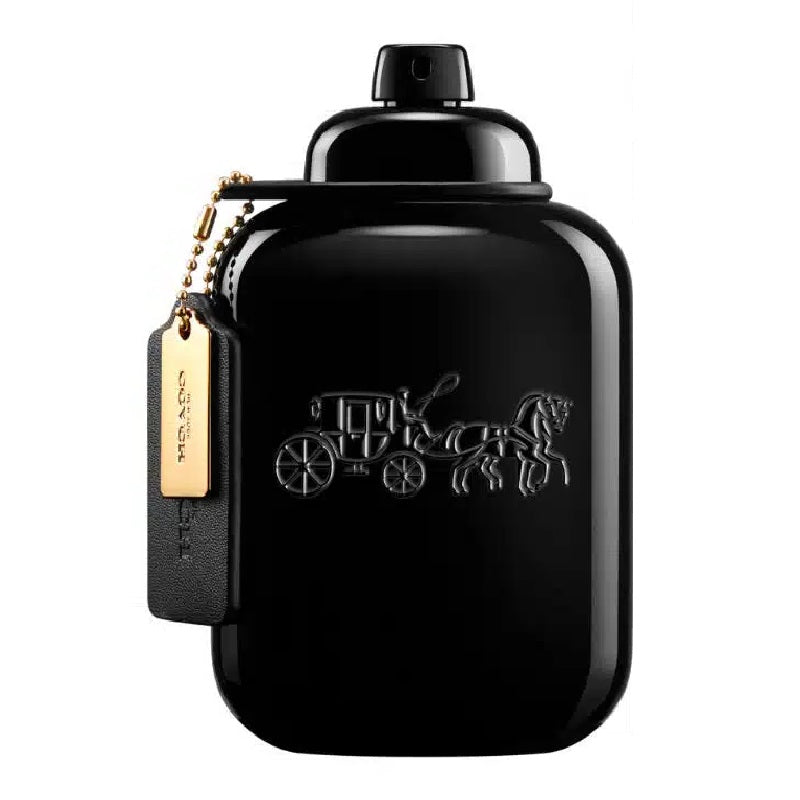 Black perfume bottle with gold tag and logo on a white background